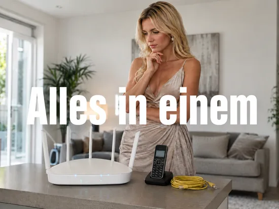 WLAN-Router mit mehreren Antennen, schnurloses Telefon und Netzwerkkabel auf einem Tisch, davor eine Frau