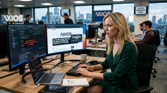 Frau blickt besorgt auf einen Bildschirm mit Warnmeldungen über kompromittierte NPM-Pakete