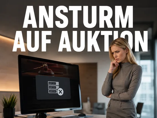 Blonde Frau vor Monitor mit Auktionsseite und Serverfehler-Hinweis, Schriftzug Ansturm auf Auktion