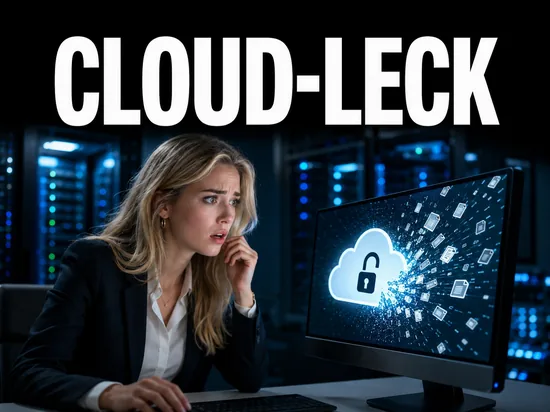 Blonde Geschaeftsfrau blickt erschrocken auf Monitor mit Cloud-Symbol offenem Schloss und herausstroemenden Dateien, Schriftzug Cloud-Leck