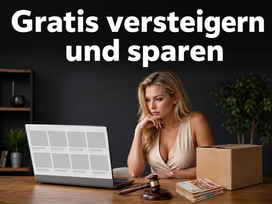Frau am Laptop mit Auktionshammer, Karton und Geldscheinen, Schriftzug Gratis versteigern und sparen