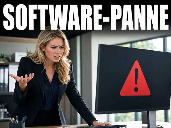 Veraergerte blonde Geschaeftsfrau vor Monitor mit rotem Fehler-Warnsymbol, Symbolbild gescheiterte Behoerden-Software