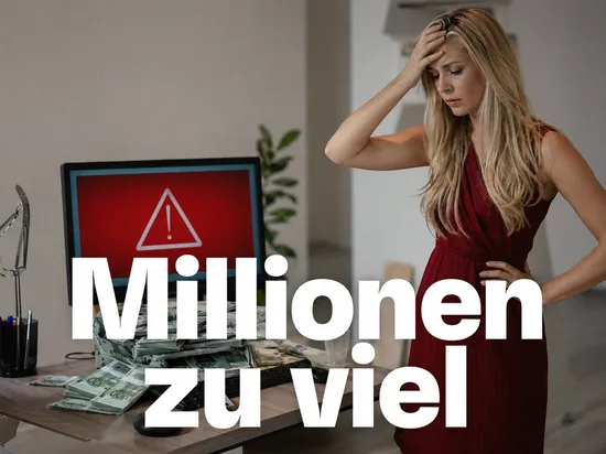 Monitor mit roter Software-Fehlermeldung und ein umgekippter Geldscheinstapel ueber der Tastatur, davor eine Frau mit fassungslosem Blick