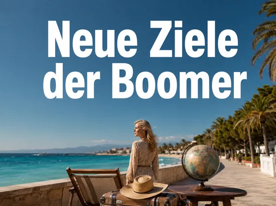 Frau an einer Strandpromenade mit Globus und Koffer, Schriftzug Neue Ziele der Boomer