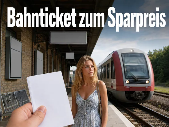 Bahnsteig mit einfahrendem Zug und leerem Ticketheft als Symbol fuer guenstige Bahntickets