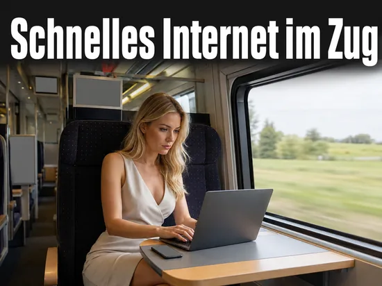 Frau im Zug am Laptop mit Smartphone auf dem Tisch