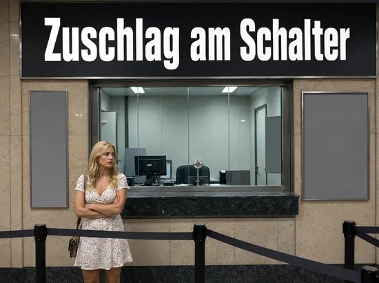 Fahrkartenschalter in einer Bahnhofshalle mit leerem Arbeitsplatz hinter der Glasscheibe