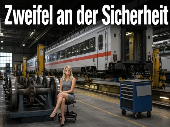 Zugwagen auf einem Hebestand in einer Werkhalle, daneben Radsätze auf einem Gestell