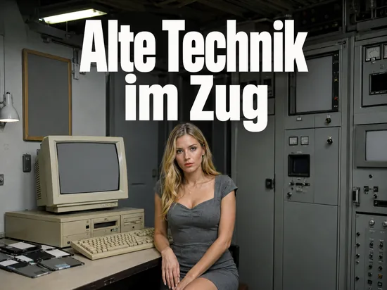Alter Computer mit Roehrenmonitor und Disketten in einem Technikraum