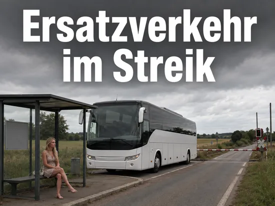 Reisebus an einer Bushaltestelle an einer Landstraße neben einem Bahnübergang