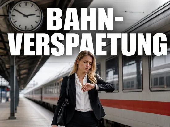Genervte blonde Frau blickt auf ihre Armbanduhr am Bahnsteig vor wartendem Zug und Bahnhofsuhr, Symbolbild Zugverspaetung und Entschaedigung