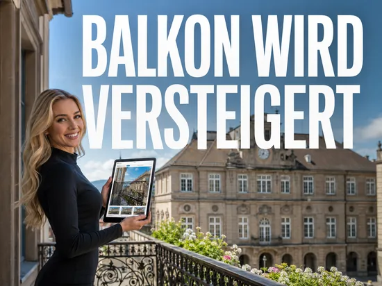 Blonde Frau auf einem Stadtbalkon zeigt ein Tablet mit Auktionsseite vor historischem Rathaus, Schriftzug Balkon wird versteigert