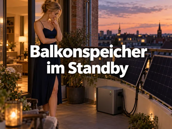 Blonde Frau im dunkelblauen Kleid auf einem Stadtbalkon in der Abenddämmerung, daneben ein grauer Batteriespeicher mit grüner Leuchte und zwei Solarmodule am Geländer, Schriftzug Balkonspeicher im Standby