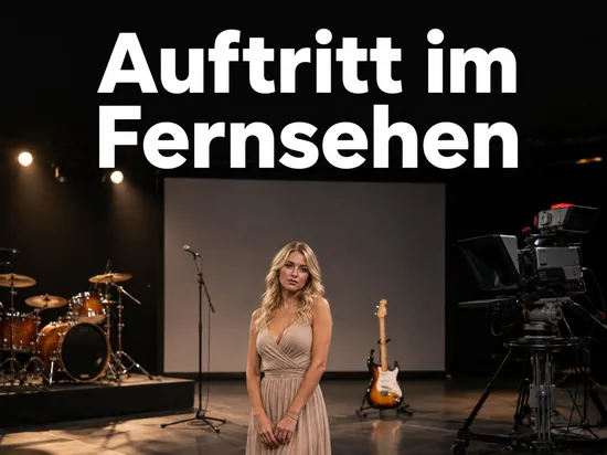 Frau auf einer Fernsehstudio-Bühne mit Schlagzeug, Gitarre und Studiokamera, Schriftzug Auftritt im Fernsehen