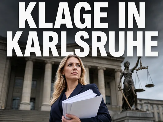 Bank reicht Verfassungsbeschwerde ein, entschlossene Geschäftsfrau mit Klageschrift vor einem Gerichtsgebäude mit Justitia-Waage
