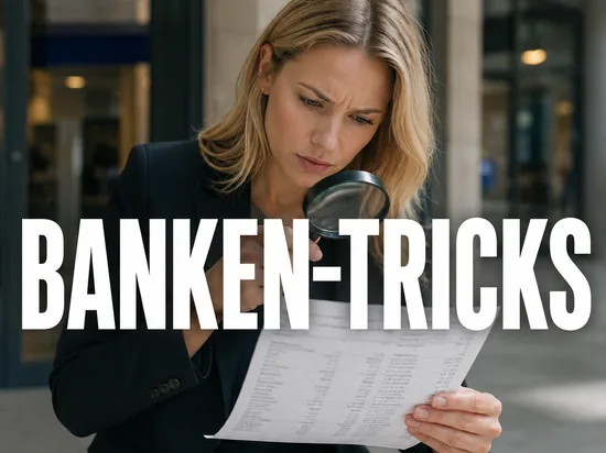 Skeptische Geschäftsfrau prüft mit einer Lupe einen Bank-Kontoauszug mit versteckten Gebühren, Symbolbild für die Vorsicht vor unzulässigen Gebühren-Tricks der Banken