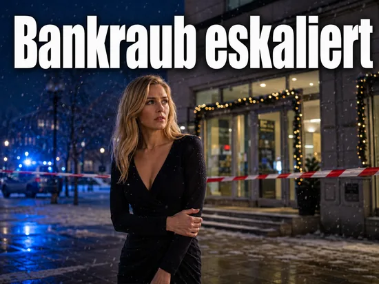 Frau vor einer abgesperrten Bankfiliale mit Weihnachtsbeleuchtung und Blaulicht: Bankraub eskaliert