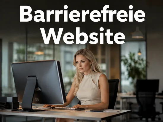 Frau am Schreibtisch prüft eine Website am Monitor auf Barrierefreiheit