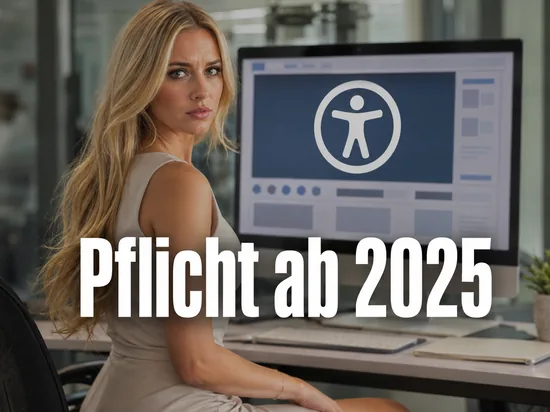 Frau vor einem Monitor mit einer Website und Barrierefreiheits-Symbol