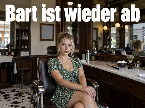 Frau im Kleid sitzt in einem klassischen Barbiersalon, auf der Ablage liegen Rasiermesser und Rasierpinsel