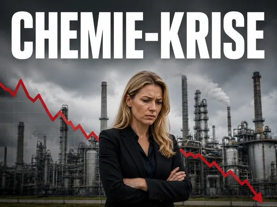 Besorgte blonde Geschaeftsfrau vor Chemiefabrik und fallendem rotem Kursdiagramm, Symbolbild Gewinn- und Umsatzrueckgang bei einem Chemiekonzern