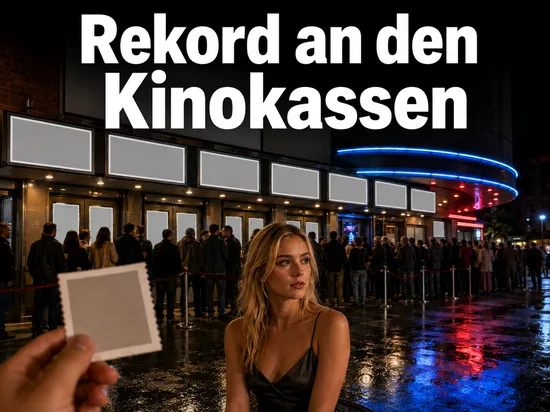 Naechtliche Kinofassade mit langer Warteschlange als Symbol fuer einen Kassenrekord