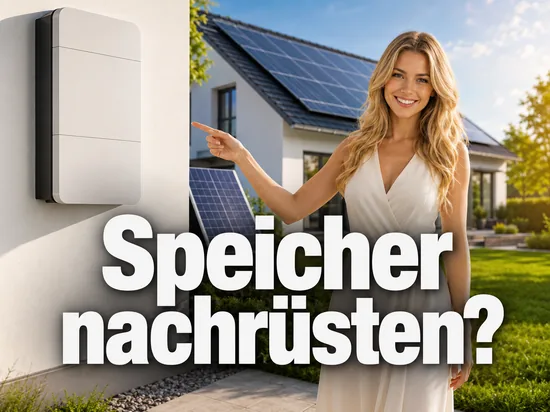 Wandmontierter Batteriespeicher neben Solarmodulen an einem Einfamilienhaus, davor eine Frau, die darauf zeigt