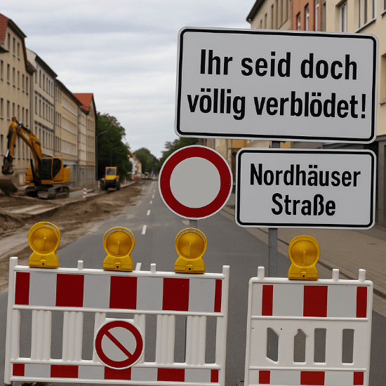 Baustelle auf der Nordhäuser Straße in Erfurt mit Absperrungen, Protestschildern und Baufahrzeugen im Hintergrund