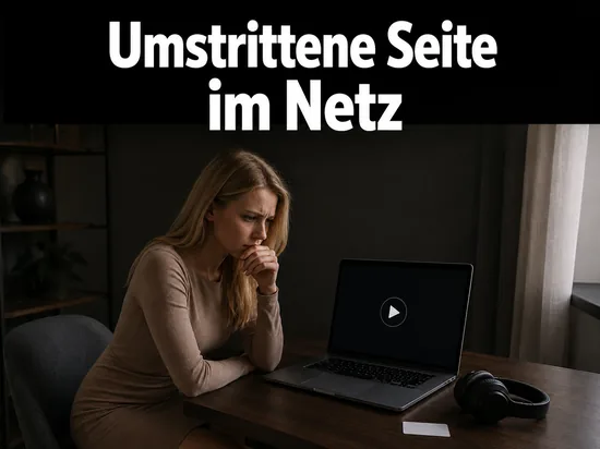 Frau am Laptop mit leerem Videofenster und Kopfhoerern, Schriftzug Umstrittene Seite im Netz