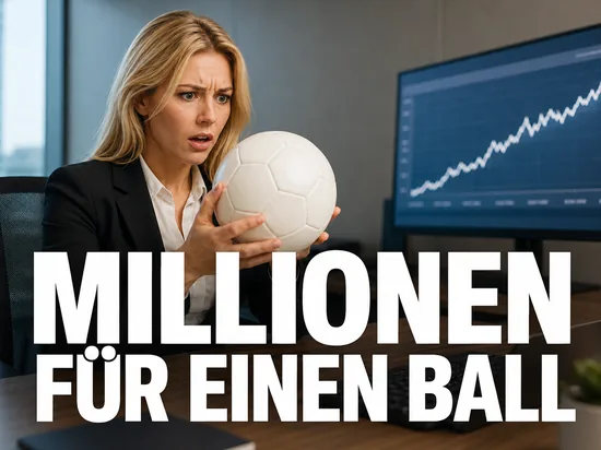 Blonde Geschaeftsfrau haelt staunend einen Fussball vor einem Bildschirm mit steigendem Gebotsverlauf, Schriftzug Millionen fuer einen Ball