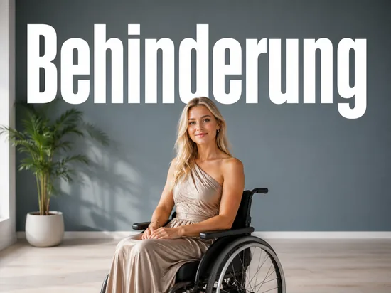Junge blonde Frau sitzt selbstbewusst und wuerdevoll in einem Rollstuhl als Symbol fuer Menschen mit Behinderung