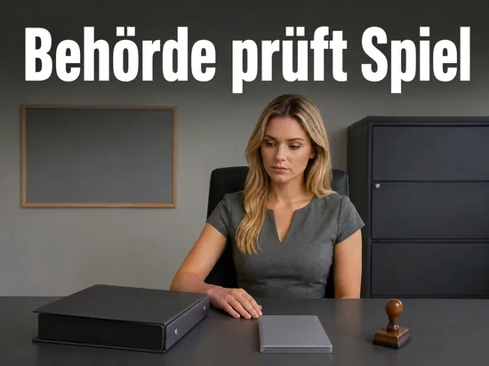 Amtszimmer mit Aktenordner, grauer Spielhuelle und Stempel