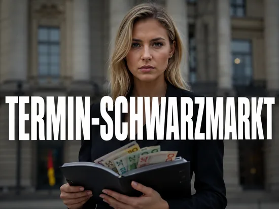 Ernste Geschäftsfrau vor einem Amtsgebäude mit einem Terminkalender voller Euro-Scheine, Symbolbild für den illegalen Handel mit Behördenterminen