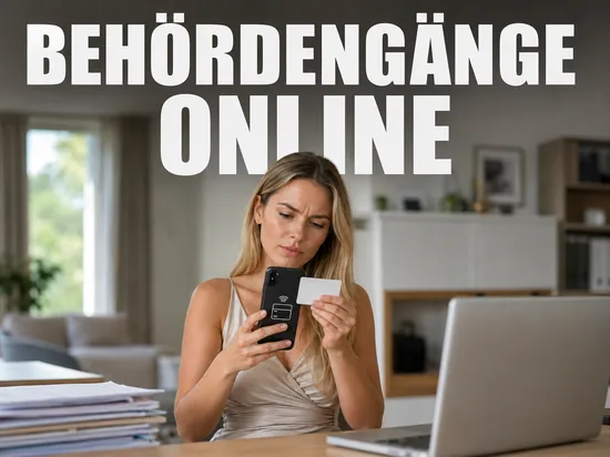 Behördengänge online erledigen: Frau hält ihren Ausweis an das Smartphone