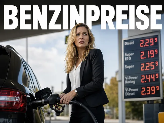 Besorgte blonde Frau mit Zapfpistole an der Tankstelle vor Preistafel mit hohen Spritpreisen, Symbolbild hohe Benzin- und Oelpreise