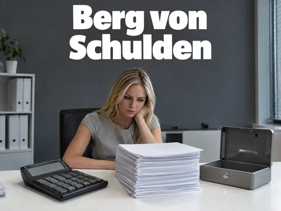 Frau sitzt an einem Schreibtisch vor einem hohen Stapel Papiere und einem Taschenrechner