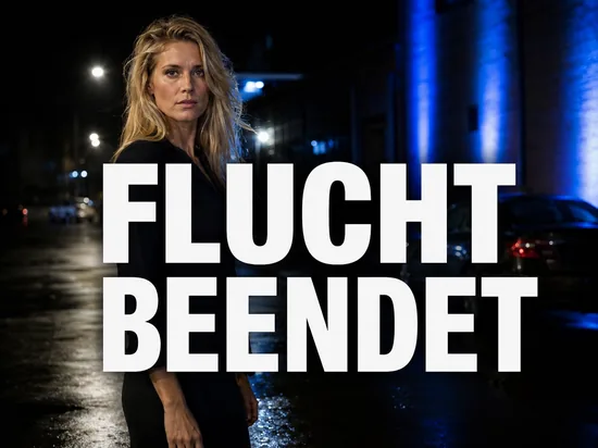 Blonde Frau nachts an einer regennassen Straße mit blauem Blaulicht im Hintergrund als Symbol für das Ende einer Flucht