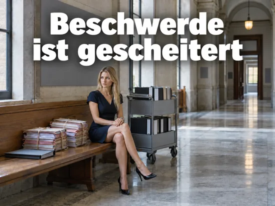 Frau im Kleid sitzt auf einer Bank im Gerichtsflur neben gebuendelten Akten
