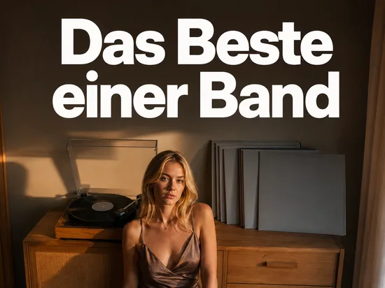 Plattenspieler mit Schallplatte und unbedruckten Plattenhuellen auf einer Kommode