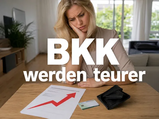 Beitragsbescheid mit grossem rotem Pfeil nach oben, Gesundheitskarte und leerer Geldbeutel auf einem Tisch, davor eine Frau