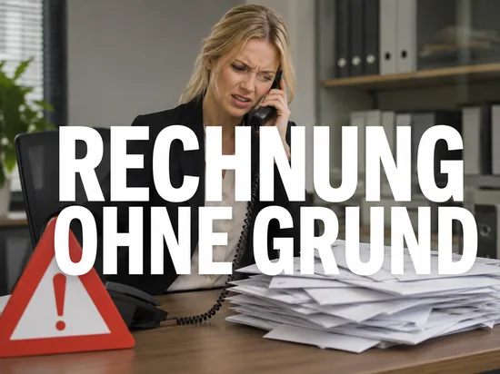 Blonde Geschaeftsfrau telefoniert veraergert neben einem Stapel Briefe und einem Warnschild, Schriftzug Rechnung ohne Grund
