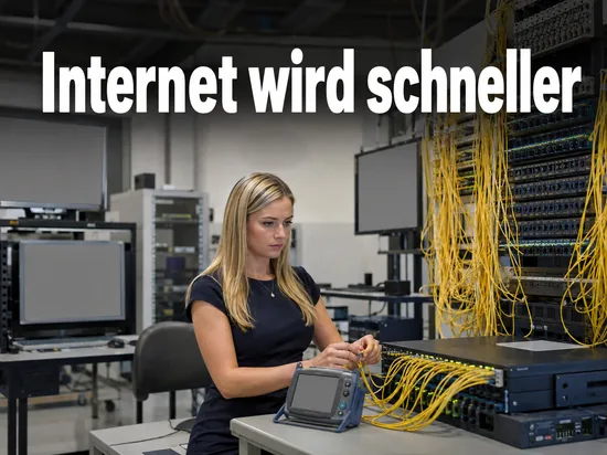 Technikerin steckt ein Glasfaserkabel in einen Switch in einem Netzwerklabor