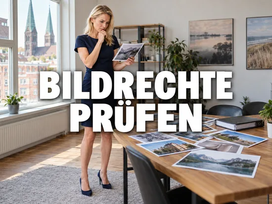 Blonde Frau prüft in einem Büro in Bremen ausgedruckte Fotos, darüber der Schriftzug Bildrechte prüfen