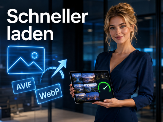 Blonde Frau im dunkelblauen Kleid hält ein Tablet mit Bildergalerie und Tempoanzeige, daneben Symbole für Bildformate