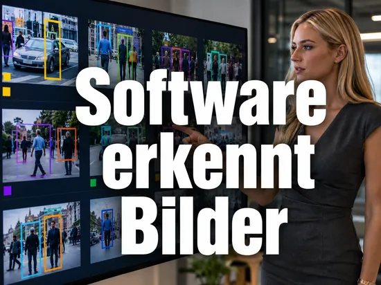 Geschaeftsfrau neben einem Monitor mit Fotos und farbigen Erkennungsrahmen als Symbol fuer eine Software die Bildinhalte automatisch erkennt