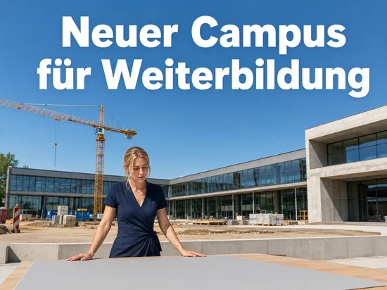 Frau mit Bauplan vor einem neuen Bildungscampus mit Baukran