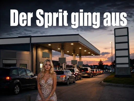 Tankstelle in der Abenddämmerung mit einer langen Schlange wartender Autos