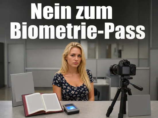 Frau sitzt am Schalter eines Buergeramts mit Reisepass, Fingerabdruckscanner und Kamera