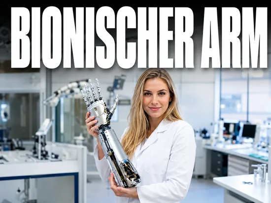 Blonde Wissenschaftlerin praesentiert eine bionische Armprothese, Symbolbild gedankengesteuerter Arm
