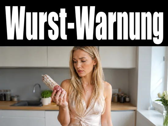 Junge blonde Frau betrachtet besorgt eine Salami als Symbol fuer eine Lebensmittelwarnung